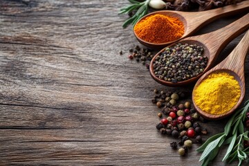 Fototapeta premium Colorful spices in wooden spoons on rustic wood background.