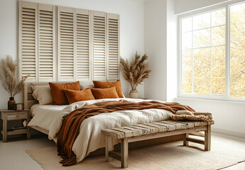 
A bedroom with white walls, wooden shutters on the left side of the wall, and wooden furniture in a boho design. The bed has beige linens and orange pillows, set against a large window.