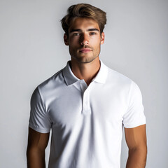 White Polo Shirt Mockup &ndash; Young man, Studio Shot, Front View