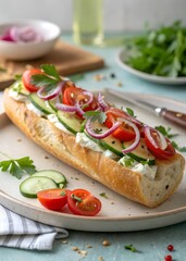Fresh feta cheese baguette with cucumber, onions and tomatoes High resolution photo