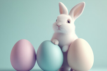 Fototapeta premium Adorable white Easter bunny standing behind pastel-colored eggs with a soft turquoise background, symbolizing spring, joy, and holiday celebration