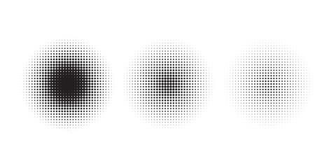 Circle halftone collection. Black halftone dots backgrounds, round halftones geometric dots gradient background modern