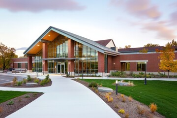 Sustainable green building with modern architecture, large glass windows, and eco-friendly landscaping