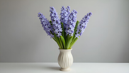 Vase of purple hyacinth flowers arranged elegantly on minimalist table