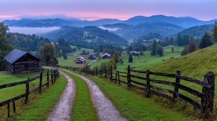 Misty mountain village sunrise, winding road, rural scene, postcard