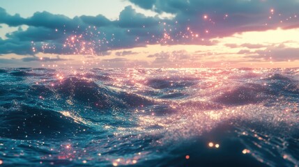 Obraz premium Magical sunset over ocean waves, sparkling water, serenity, nature background, ideal for travel or wellness