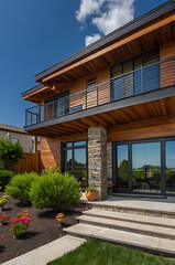 Obraz premium Modern Luxury House Exterior: Contemporary Home Design with Stunning Balcony and Landscaping