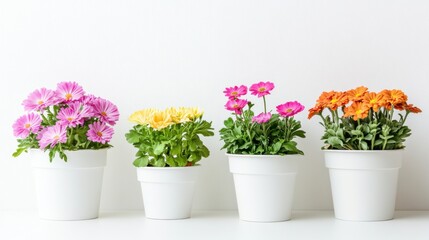 Colorful flowering plants in white pots arranged neatly on a light surface showcasing spring's vibrant beauty