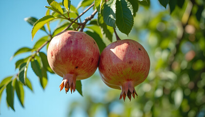 Ripe pomegranates hanging on tree branch against blue sky background