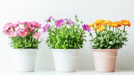 Colorful potted flowers arranged in three pots showcasing vibrant blooms in a bright, minimalistic setting