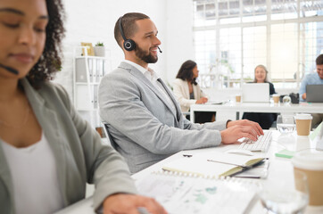 Advisor, computer and businessman in call center for loan advice, online help and consulting. Smile, finance consultant or agent typing on live chat for insurance service, CRM support or coworking
