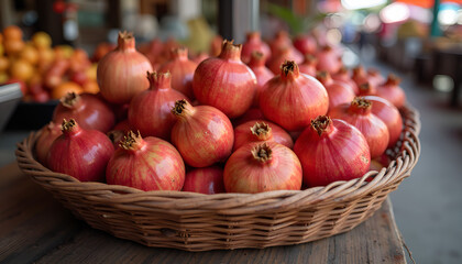 Basket of ripe pomegranates at the market with blurred background