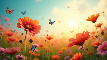 Fototapeta premium poppy flowers in the meadow with butterfly 