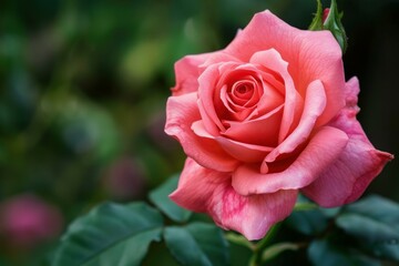 Close up of a pink rose blooming in a garden, showcasing its delicate petals and vibrant color