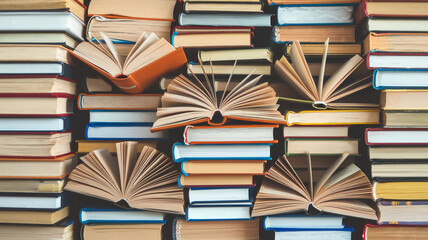 books, open books lie on the table, top view