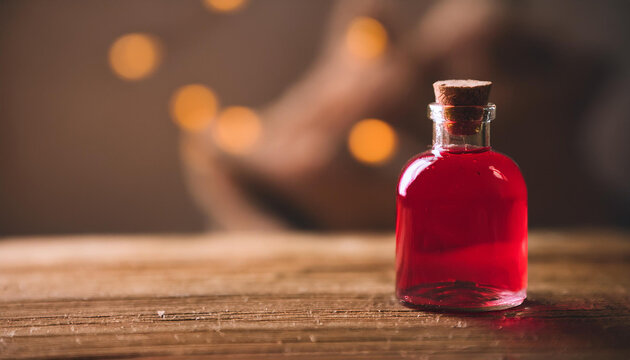 Mystical elixir in glass bottle with cork. Red magic potion on wooden table.