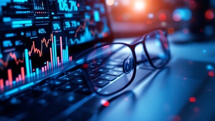 Financial charts and data overlay on a blurry background of glasses and a keyboard, showcasing a modern market analysis concept.