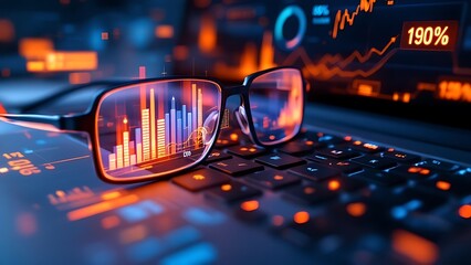 Financial charts and data overlay on a blurry background of glasses and a keyboard, showcasing a modern market analysis concept.
