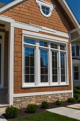 Captivating Craftsman Home Exterior: Brown Siding, Stone Accents, and Expansive Windows