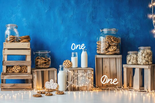 Cookies Milk Jars Wooden Crates Rustic Setting