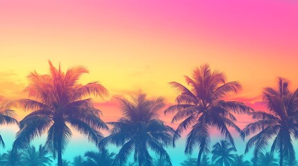 depicts silhouetted palm trees against a vibrant, gradient sunset sky. The colors blend from a warm orange-yellow at the horizon to a bright pink at the top. The palm trees are dark
