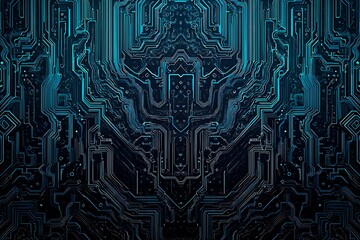 Abstract close-up of a glowing blue digital circuit board, showcasing intricate connections and technological design on a black background.
