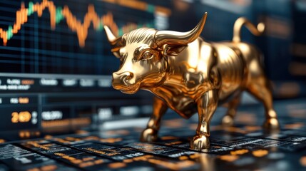 Golden bull statue symbolizing financial markets on a trading board with stock graphs and data in the background