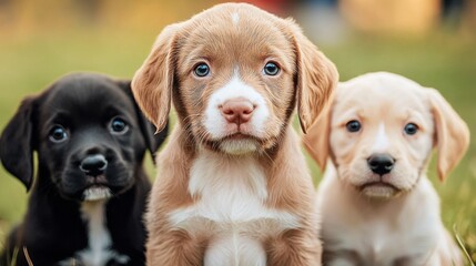 Three adorable puppies with various fur colors are playfully posing outdoors in a grassy area during daytime
