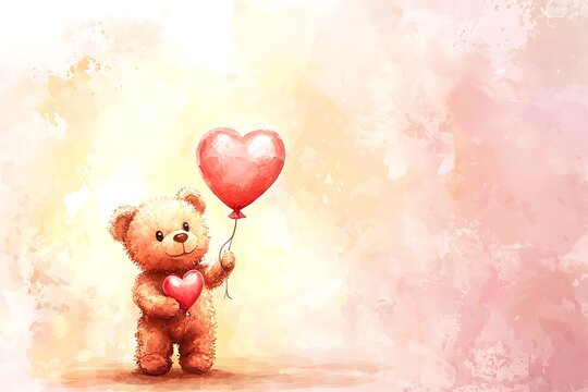 cute watercolor illustration of a teddy bear holding heart shaped balloon