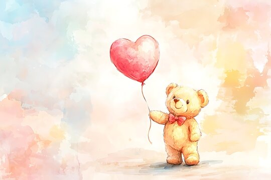 cute watercolor illustration of a teddy bear holding heart shaped balloon