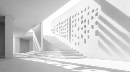 Obraz premium Minimalist white concrete building with geometric cutouts and shadows