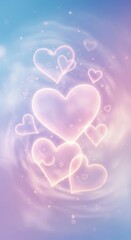 Glowing neon heart shapes in ethereal pastel background