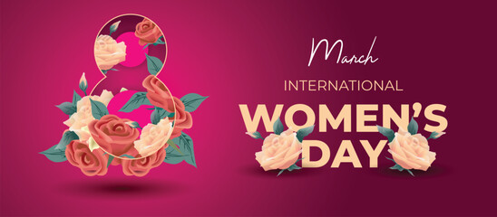 Happy International Women's Day March 8 Banner Vibrant Floral Design for Celebrating Women and Equality. Colorful Women's Day Wishes Background, Greeting Card, Web, Flyer, 8th March Holiday Concept