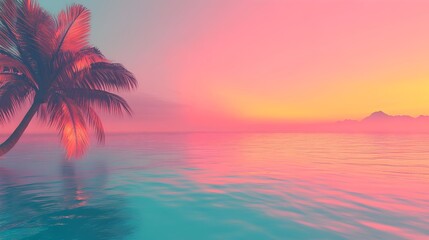 depicts silhouetted palm trees against a vibrant, gradient sunset sky. The colors blend from a warm orange-yellow at the horizon to a bright pink at the top. The palm trees are dark