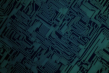 Abstract close-up of a glowing blue digital circuit board, showcasing intricate connections and technological design on a black background.
