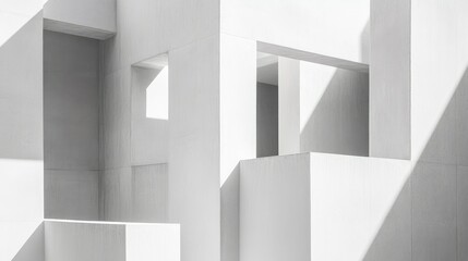 Minimalist white concrete building with geometric cutouts and shadows