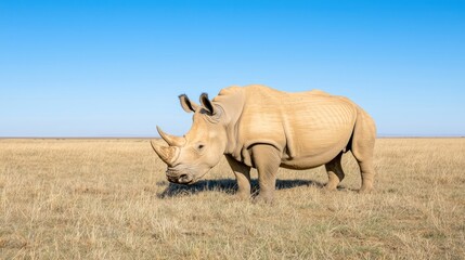 Obraz premium White rhino grazing in African savanna under blue sky