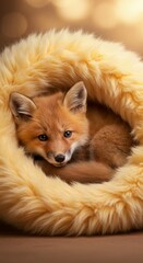 Obraz premium Cozy red fox nestled in fluffy fur with soft background lighting
