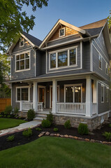 Elegant Gray House Exterior: Modern Architecture, Landscaping, and Design. Discover luxury home features, including a spacious porch and stone accents.