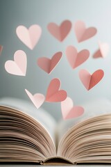 Floating hearts surround an open book on a blurred background, creating a whimsical and romantic atmosphere of reading and love
