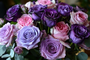 Beautiful bouquet of roses in various shades of purple, pink and lavender, creating a stunning arrangement for gifts or decoration