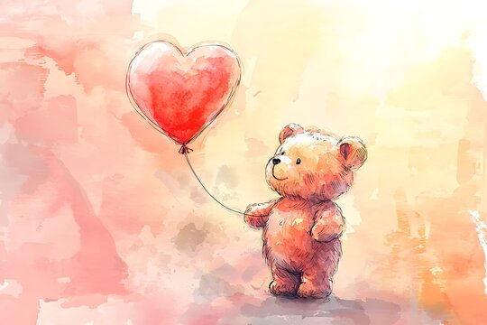 cute watercolor illustration of a teddy bear holding heart shaped balloon