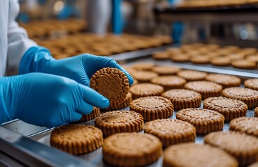 Gloved hands inspect freshly baked cookies on a conveyor belt in a food production facility.