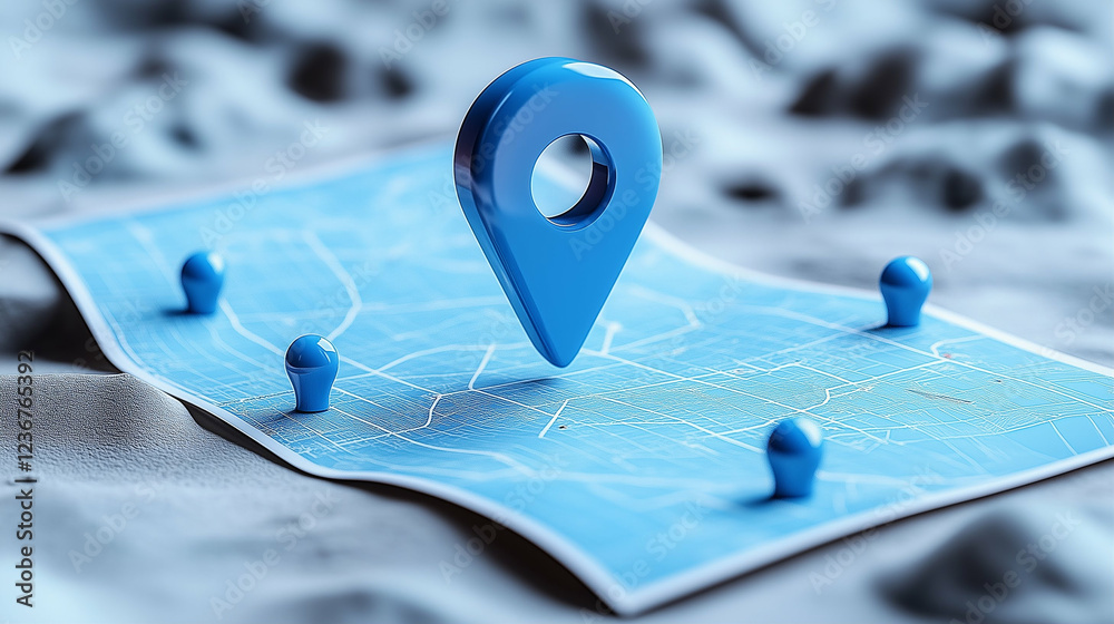 Poster blue map marker on a map with other markers. map with blue map markers on a textured surface