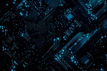 Obraz premium Abstract close-up of a glowing blue digital circuit board, showcasing intricate connections and technological design on a black background. 