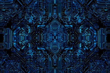 Abstract close-up of a glowing blue digital circuit board, showcasing intricate connections and technological design on a black background.
