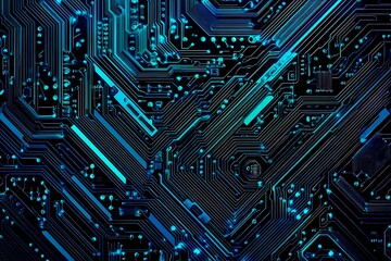 Abstract close-up of a glowing blue digital circuit board, showcasing intricate connections and technological design on a black background.
