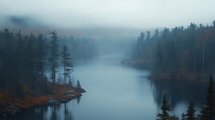 Serene foggy lake forest scene