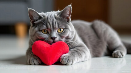 Greeting card with a British Shorthair cat hugging a red heart with its paws. Valentine's Day concept.