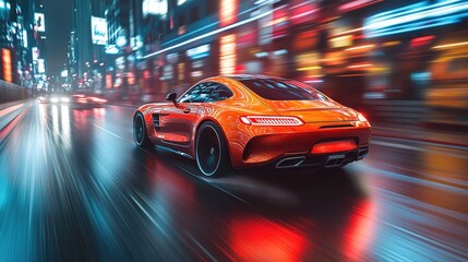 Orange Sports Car Speeding Through City Night